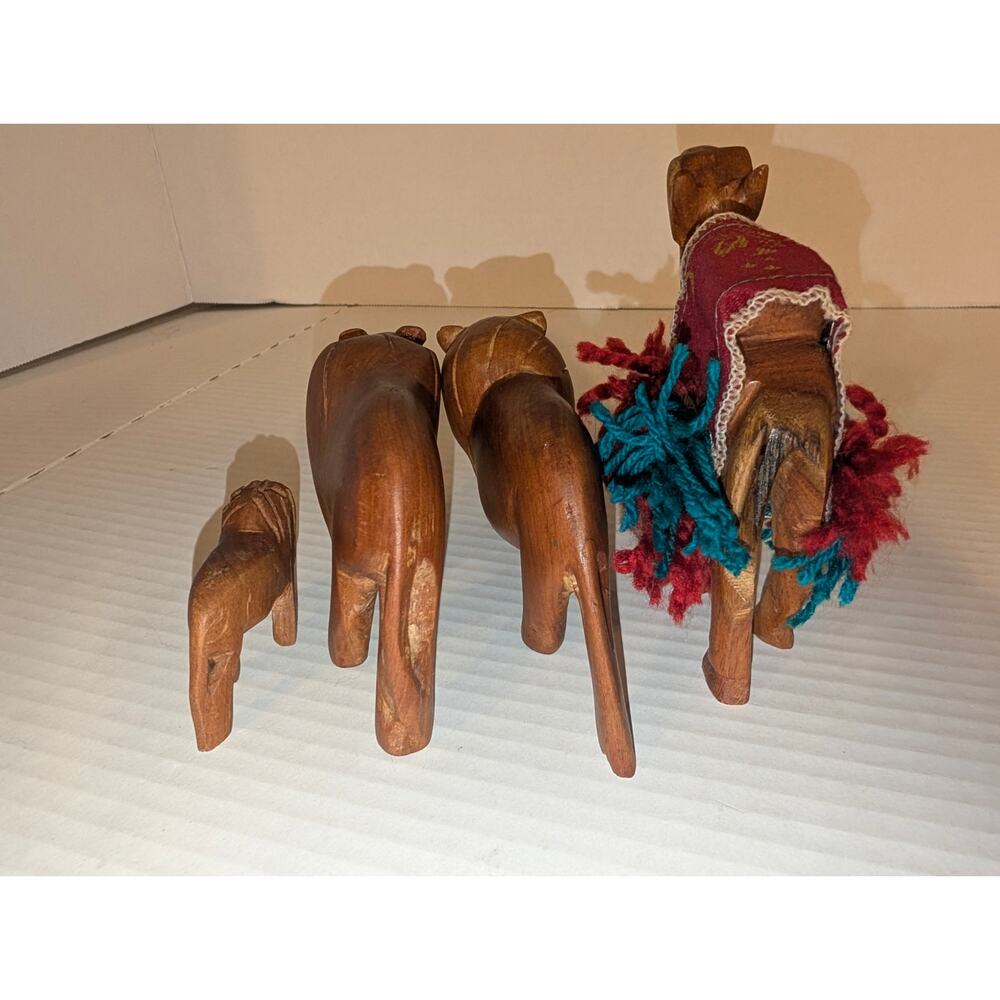 Lot 4 Vintage Hand Carved Teak Wood Animals Lion Camel Rare
